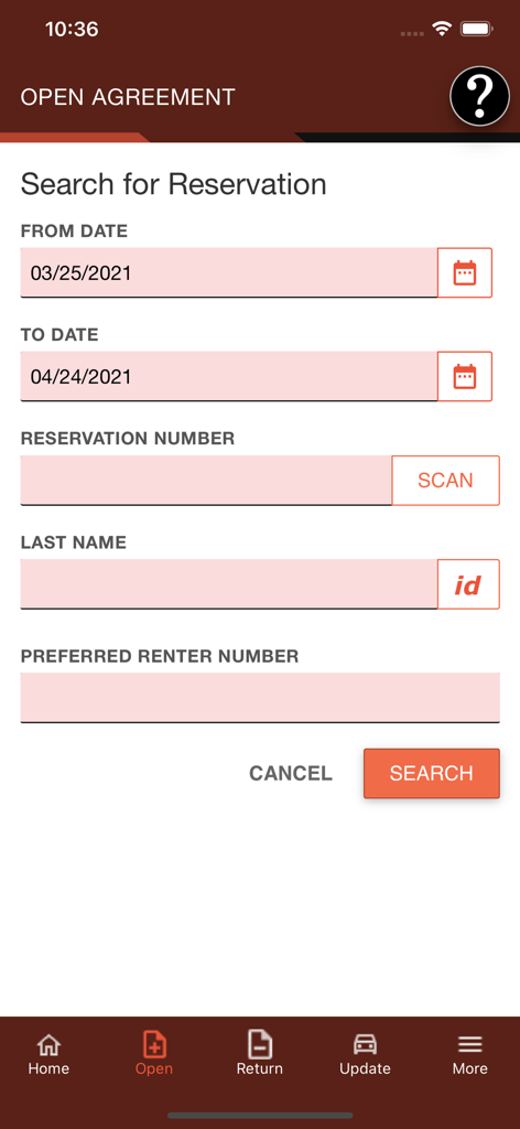 TSD Rental - A search screen for car rental reservations with fields for dates, reservation number, and renter name.