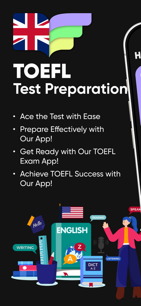 TOFEL Test Preparation - TOEFLテスト対策アプリのインターフェース。学習セクションと試験のヒントが表示されています。