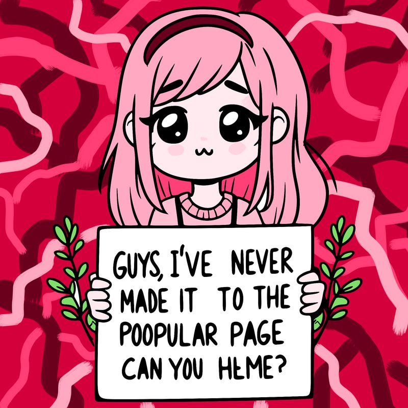 a girl holding up a sign that says, guys, i’ve never made it to the popular page, can you help me?