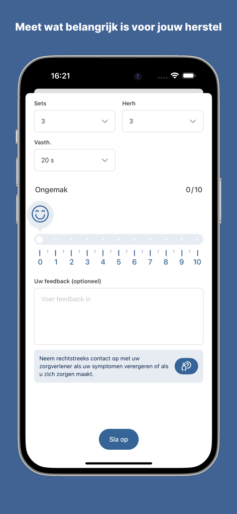 FBTO Online Fysio - Interfaz de la aplicación Fisioterapia Online FBTO para registrar ejercicios y niveles de dolor