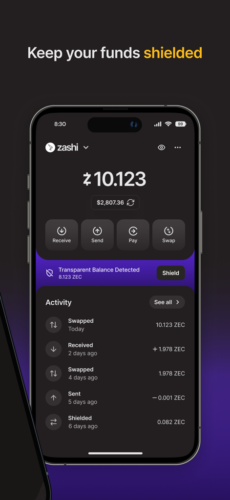 Zashi Zcash Wallet Benutzeroberfläche, die einen abgedeckten Kontostand und Transaktionsaktivitäten auf einem iPhone anzeigt