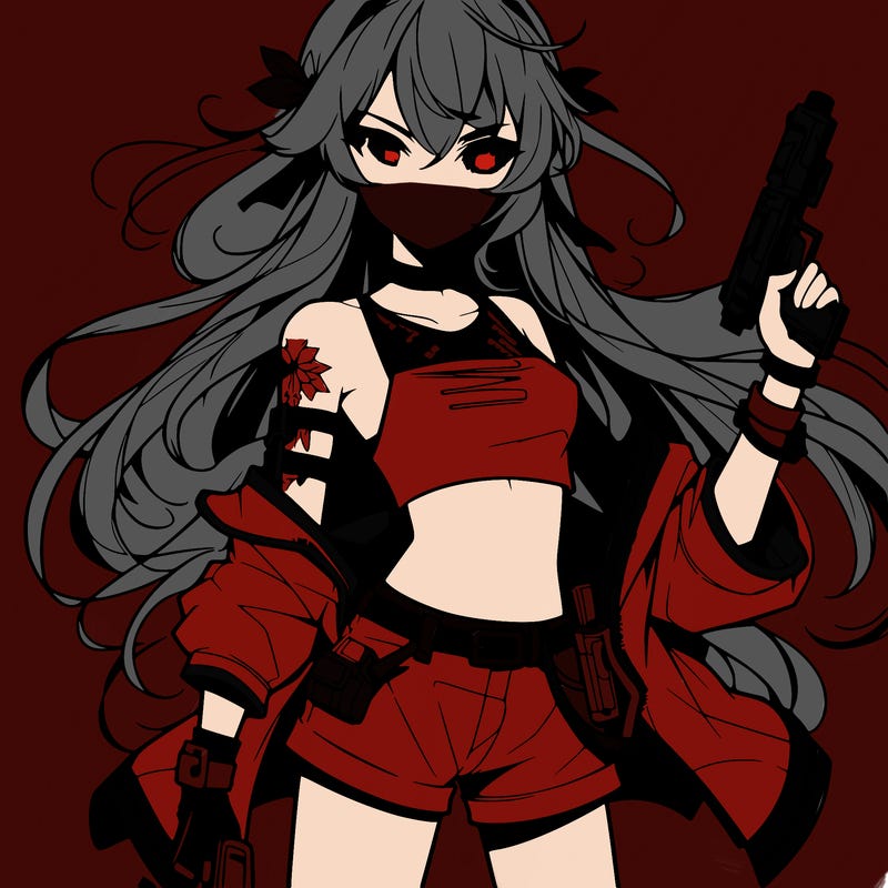 bad girl wearing crop top holding a gun long hair anime