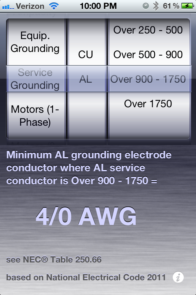NEC Quick Reference app interface showing service grounding calculations for aluminum conductors