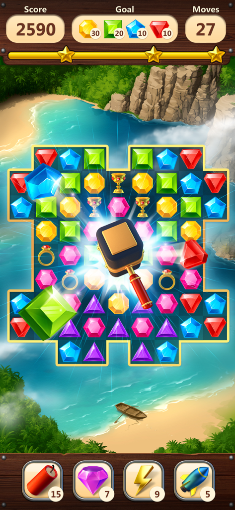 Jewels Planet  - Match 3 Game - Jewels Planet match-3 puzzle level with a hammer booster and tropical beach background