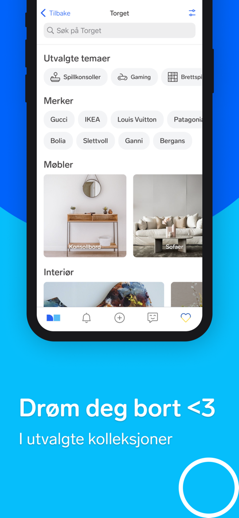 FINN.no mobile app interface showing marketplace categories for furniture and brands