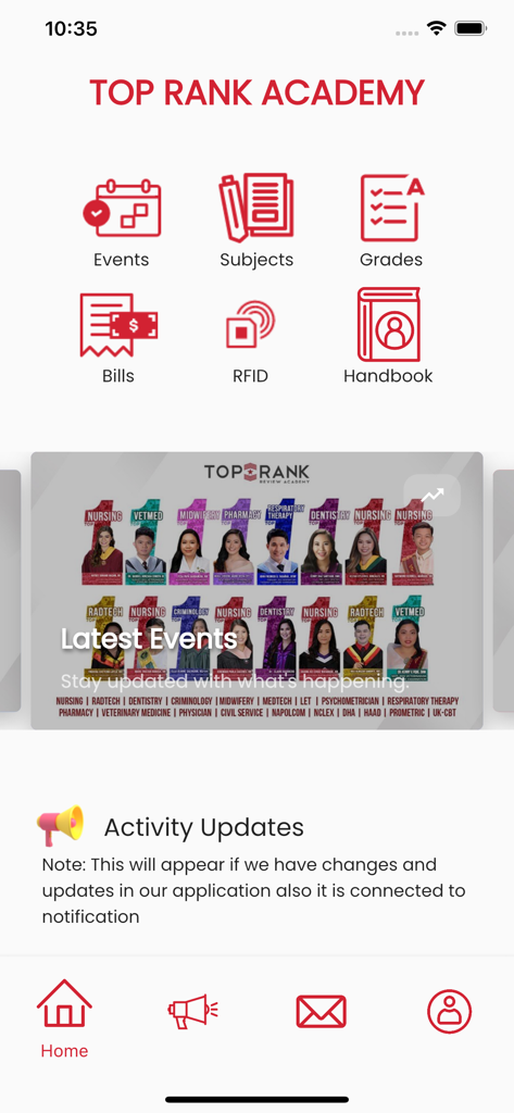 TRA Mobile Application - 이벤트, 성적 및 과목에 대한 바로 가기를 보여주는 Top Rank Academy 모바일 애플리케이션 대시보드.