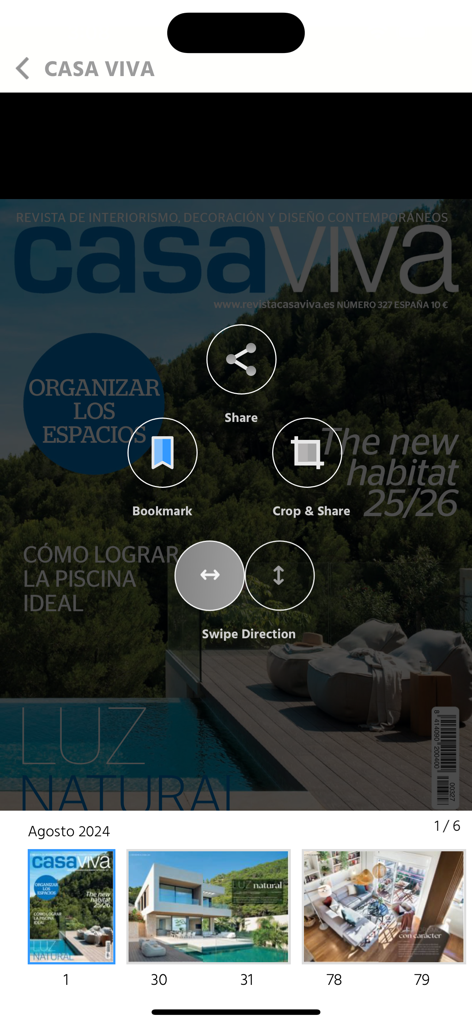 CASA VIVA (Magazine) - Interface of the CASA VIVA magazine app showing a modern architecture article with share and bookmark options