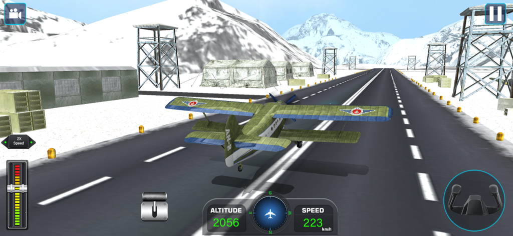 Airplane Flying Simulator 3D - Un biplano verde preparándose para despegar en una pista nevada en Simulador de Vuelo de Aviones 3D