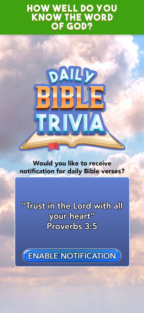 Daily Bible Trivia: Quiz Games - Daily Bible Trivia app screen with a daily verse notification prompt and Proverbs 3 5 text