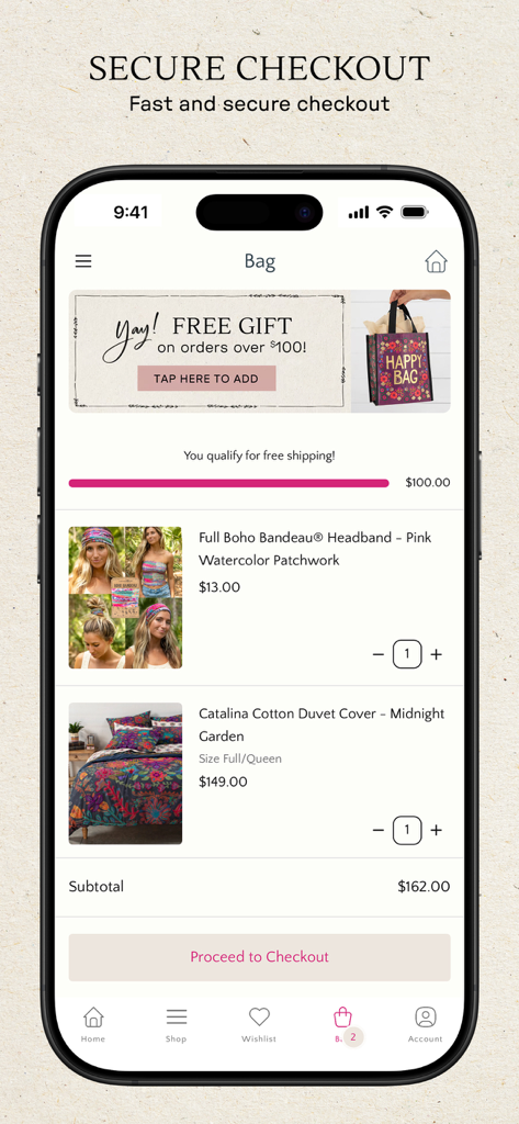 Écran du panier d'achat de l'application Natural Life montrant les articles de paiement sécurisé et une promotion de cadeau gratuit