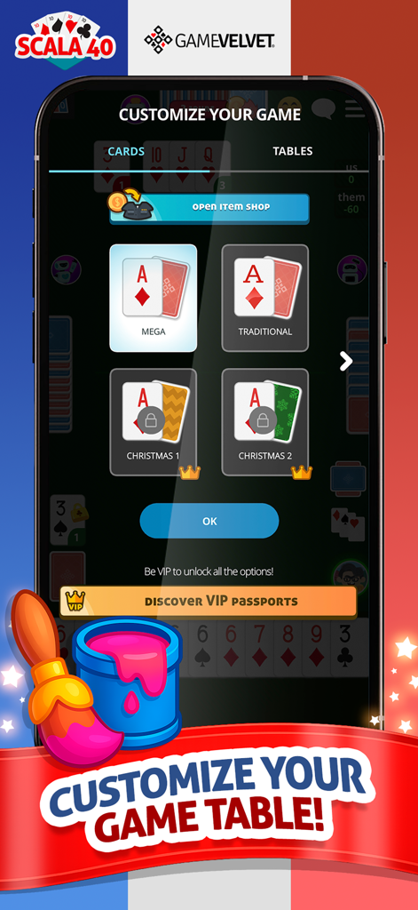 Schermata in-app che mostra le opzioni di personalizzazione dei mazzi di carte, inclusi stili tradizionali e mega per Scala 40