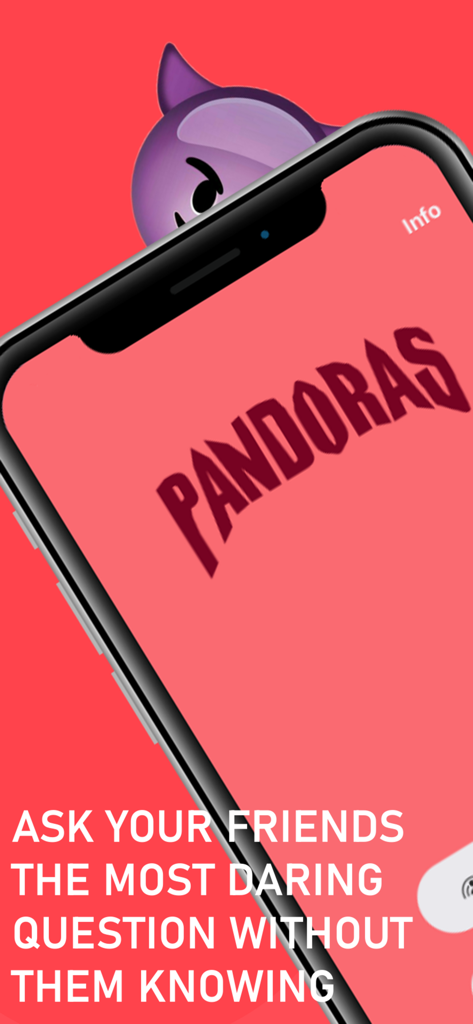 Écran de l'application Pandoras montrant le logo et du texte sur la pose de questions anonymes audacieuses à des amis.