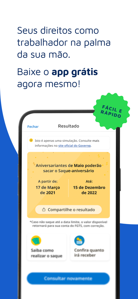 日付と手順を含むFGTS誕生日引き出しシミュレーションを表示するApp Do Trabalhadorのスクリーンショット