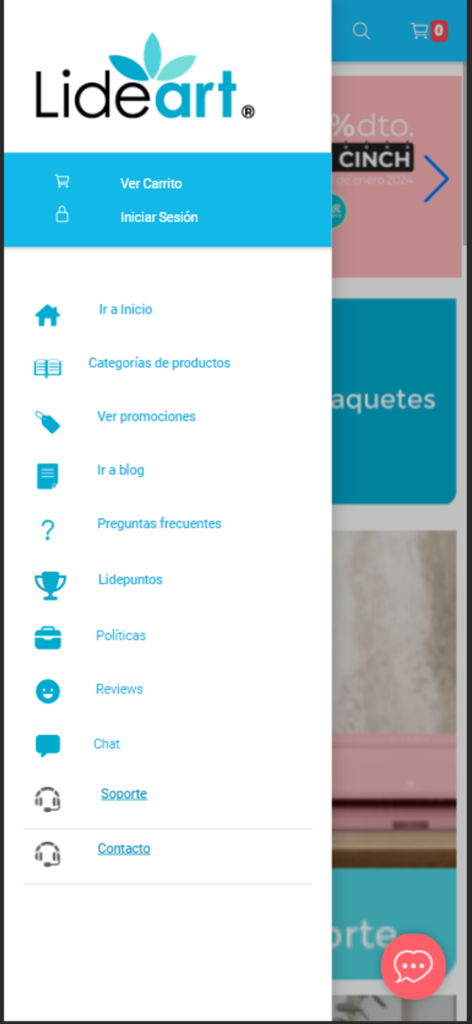 Lideart - Sidebar navigation menu of the Lideart mobile app showing product categories and account options