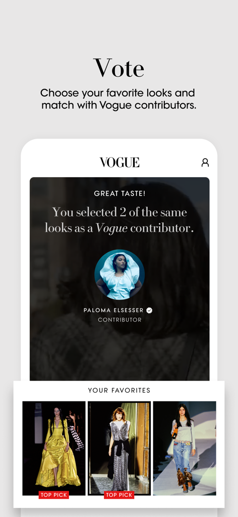 Vogue app interface showing the interactive feature to vote on runway looks and match with Vogue contributors