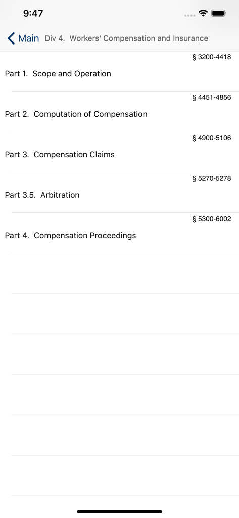 CA Labor Code 2026 - A menu showing the Workers Compensation and Insurance sections within the California Labor Code app