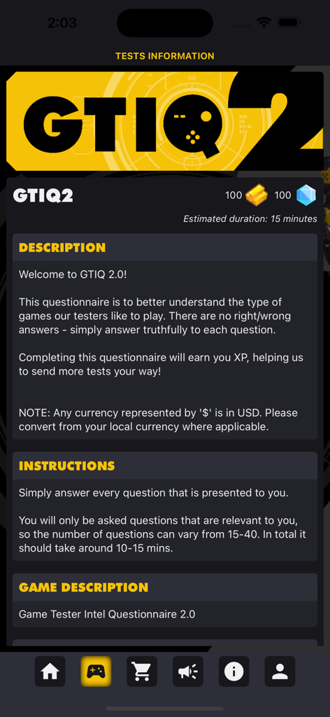 Game Tester App - Interfaccia dell'app Game Tester che mostra i dettagli del questionario GTIQ2, inclusi premi e istruzioni.