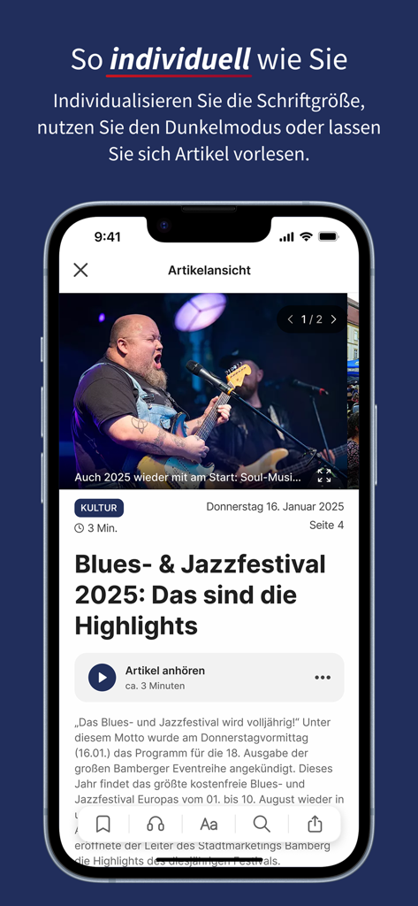 Fränkischer Tag E-Paper - Screenshot of the Fränkischer Tag E-Paper app displaying an article with audio reading and font size customization options.