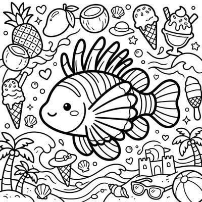 Explore a delightful summer scene with this Kawaii lionfish, surrounded by tropical treats and beach elements. Perfect for bringing sunny vibes to your coloring adventures.
