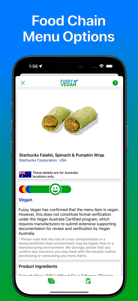 Fussy Vegan Pro - Fussy Vegan Pro app interface showing vegan menu options for a Starbucks falafel wrap
