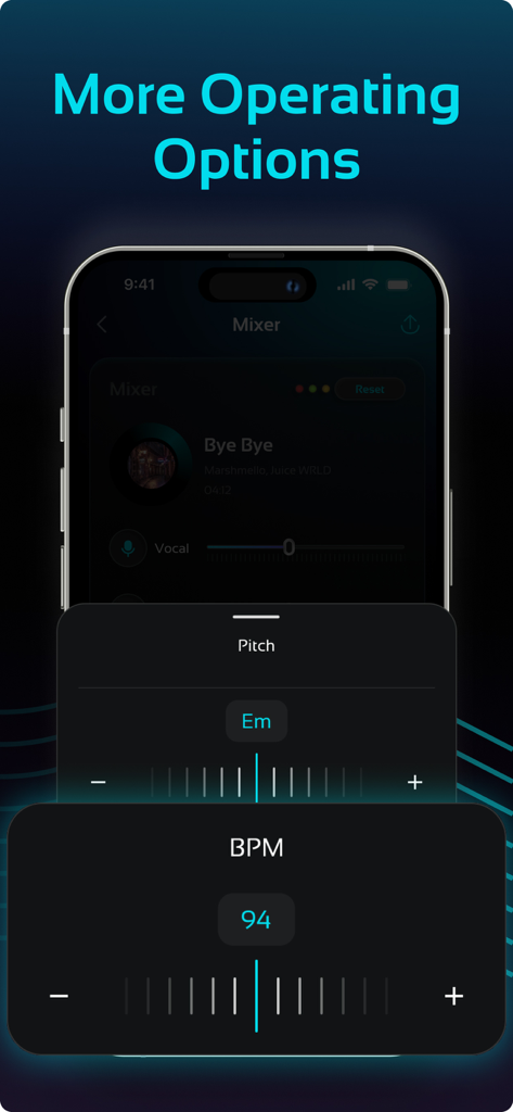 AI Isolate Vocals: Song Splits - Mobile app interface showing pitch and BPM adjustment controls for music editing