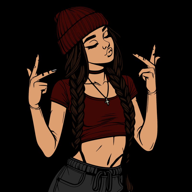 realistic teenage girl with braids and a beanie and crop top doing 🫶🏼