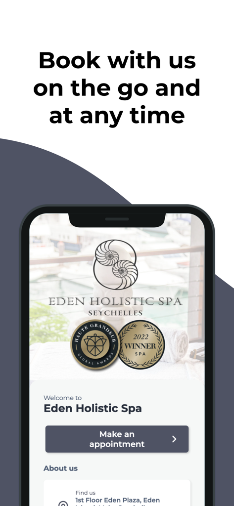 Eden Holistic Spa App-Startbildschirm mit einem Button zur Terminbuchung.