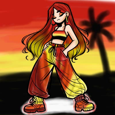 girl in baggy pants crop top and long hair