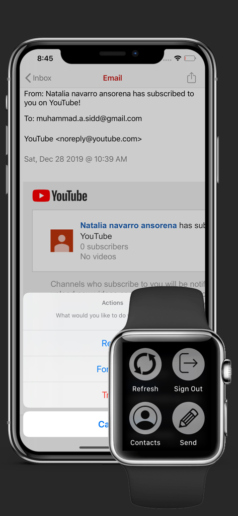 iPhoneでメールを表示し、Apple Watchでナビゲーションメニューを表示するWristMail for Gmailアプリ