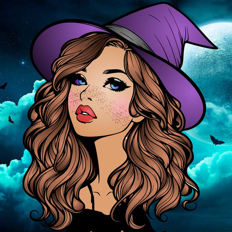 realistic witch girl with wavy hair and lips