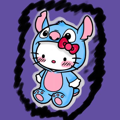 little cute hello kitty, blushing with little stitch costume