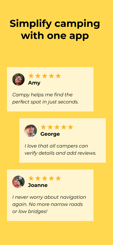 Three positive user testimonials for the Campy RV camping app on a yellow background