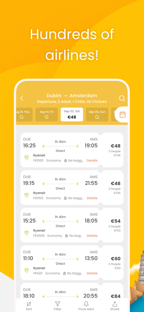 Ubfly - Cheap Flights - Aplicativo móvel Ubfly exibindo resultados de pesquisa de voos e preços de várias companhias aéreas para uma viagem de Dublin para Amsterdã
