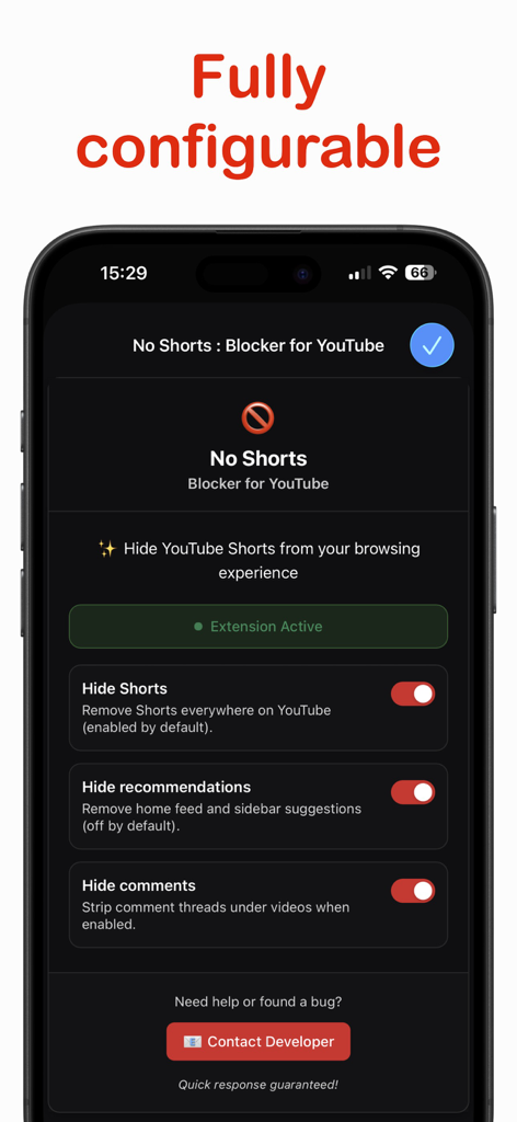 Interface de configurações do bloqueador do YouTube No Shorts mostrando opções para ocultar shorts e recomendações no iPhone