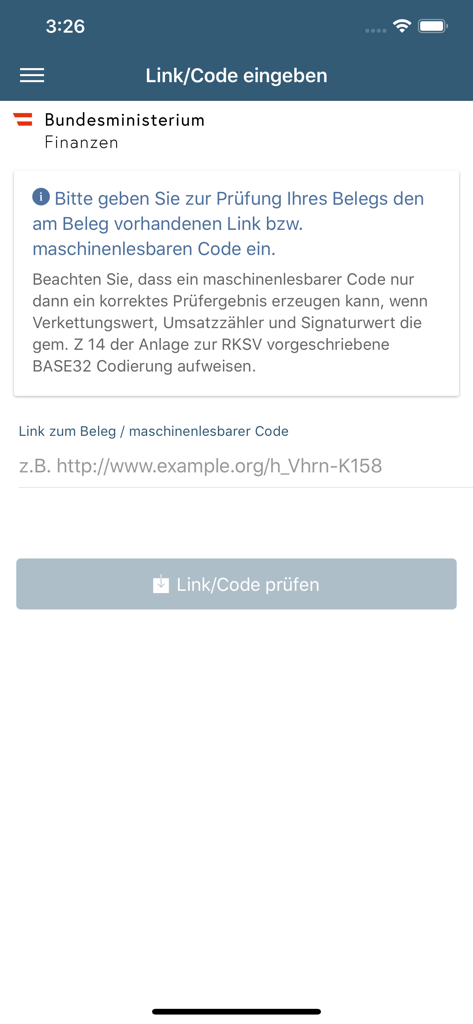 Bildschirm zur manuellen Eingabe für die BMF Belegcheck-App, auf dem Benutzer einen Link oder Code eingeben können, um österreichische Registrierkassenbelege zu überprüfen