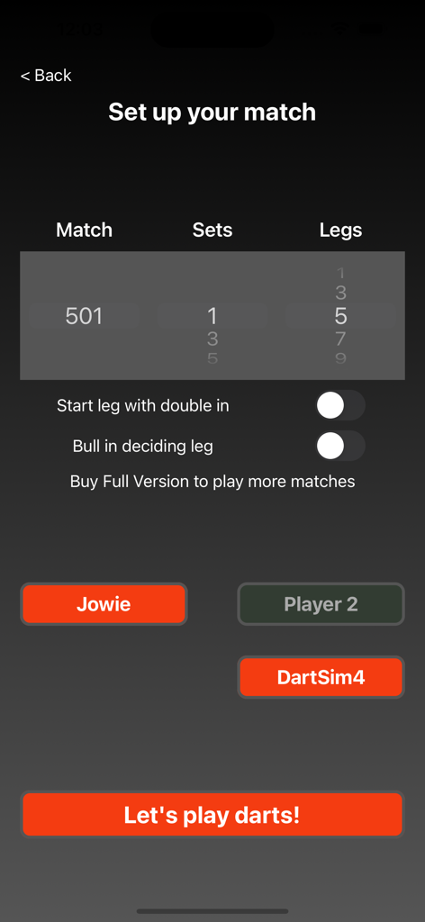 DartCohol Dart Scoreboard Lite - A dart match setup screen for a 501 game showing options for sets legs and player selection against a simulator