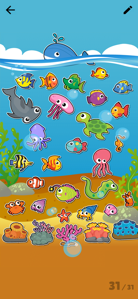 Una colorida escena submarina que muestra una colección de criaturas marinas de dibujos animados como recompensa por completar tareas en la aplicación