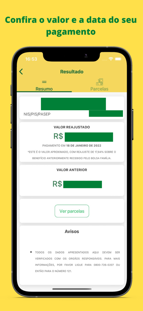 Consulta Bolsa Família - Pantalla de la aplicación móvil mostrando el monto del beneficio de Bolsa Familia y la información de la fecha de pago en portugués.