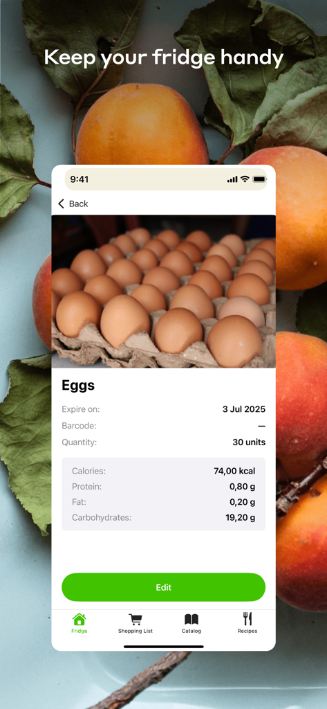 My Products - A mobile app screen showing food inventory details for eggs with expiration date and nutritional information