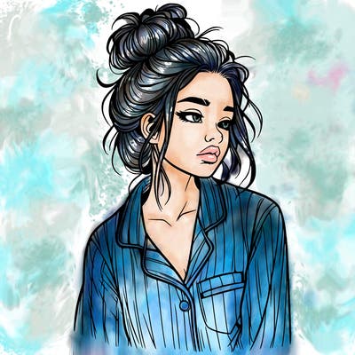 realistic woman with pajamas on and a messy bun