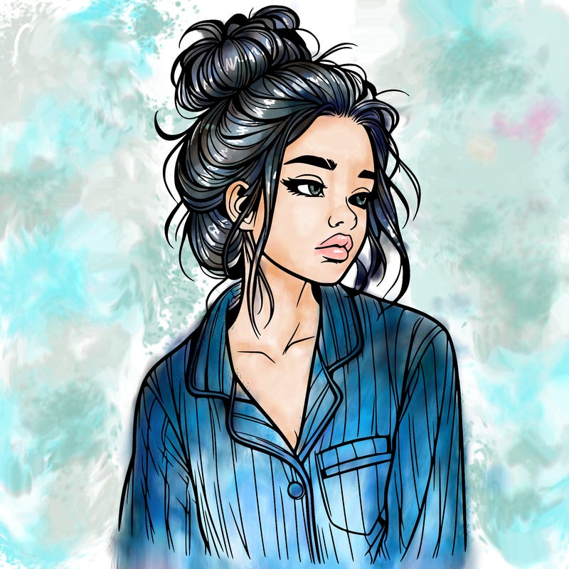 realistic woman with pajamas on and a messy bun