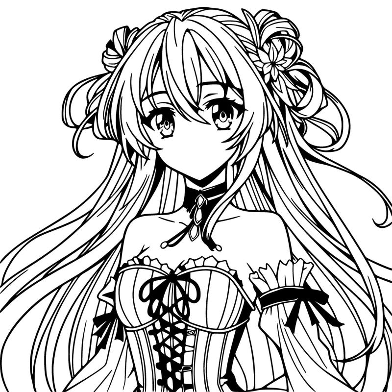 anime girl with a corset and long flowy hair