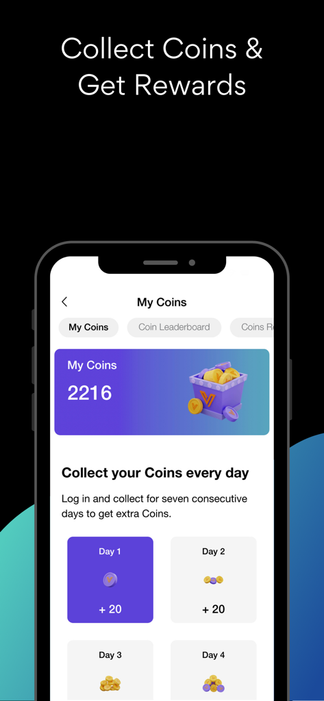 Benutzeroberfläche der VIEWBUG Foto-App, die tägliche Münzbelohnungen und das Nutzerguthaben zeigt