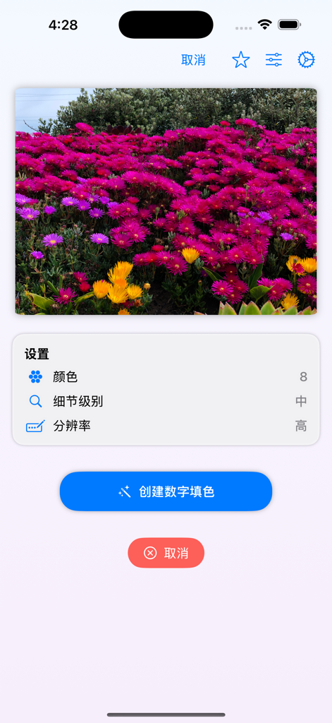 ColorCrafter: Paint by Numbers - Interfaz de la aplicación ColorCrafter que muestra la configuración para convertir una foto de flores rosas en un patrón personalizado de pintura por números.