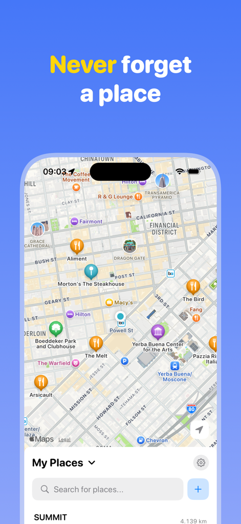 Map markers: Places - Interface of the Map markers: Places app showing a city map with various colorful custom markers and the heading Never forget a place.