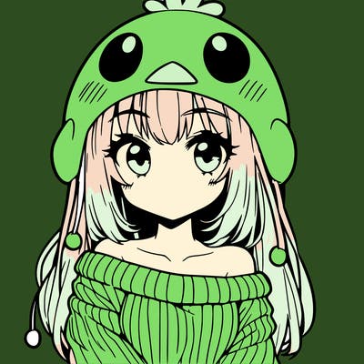 anime girl with chick shaped hat with sweater with bare shoulders with bangs covering them one eye with low tail