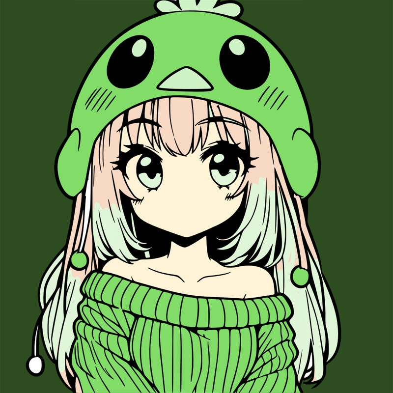anime girl with chick shaped hat with sweater with bare shoulders with bangs covering them one eye with low tail