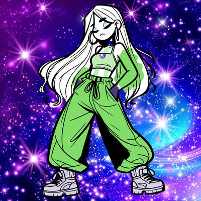 girl in baggy pants crop top and long hair