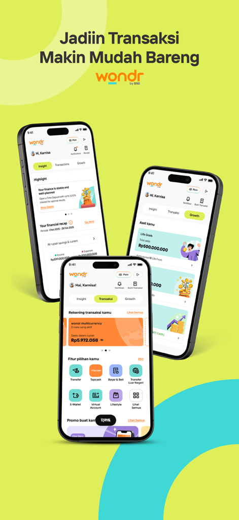 Three iPhones showing the wondr by BNI mobile banking app interface with transaction and financial insight screens