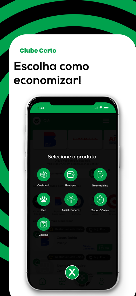 Clube Certo - Interface of the Clube Certo app showing various savings categories like cashback and pet services
